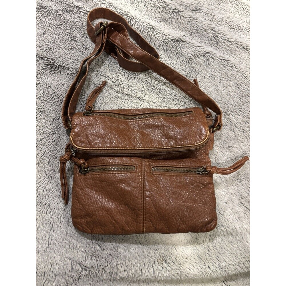Kohls Faux Leather Multi Zip Crossbody Messenger Bag In Caramel Brown